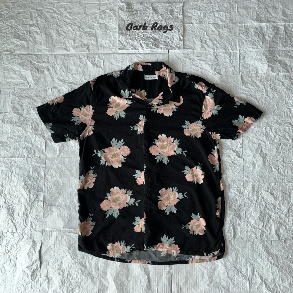 PacSun Hawaiian Large Casual Button Down Collared Shirt - Men's Black Floral Top